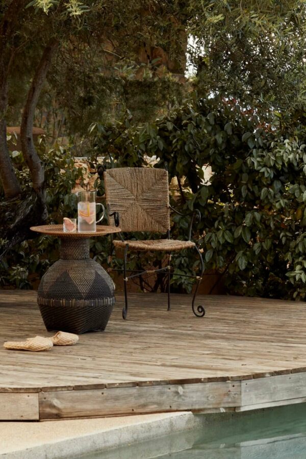 wooden patio with private pool