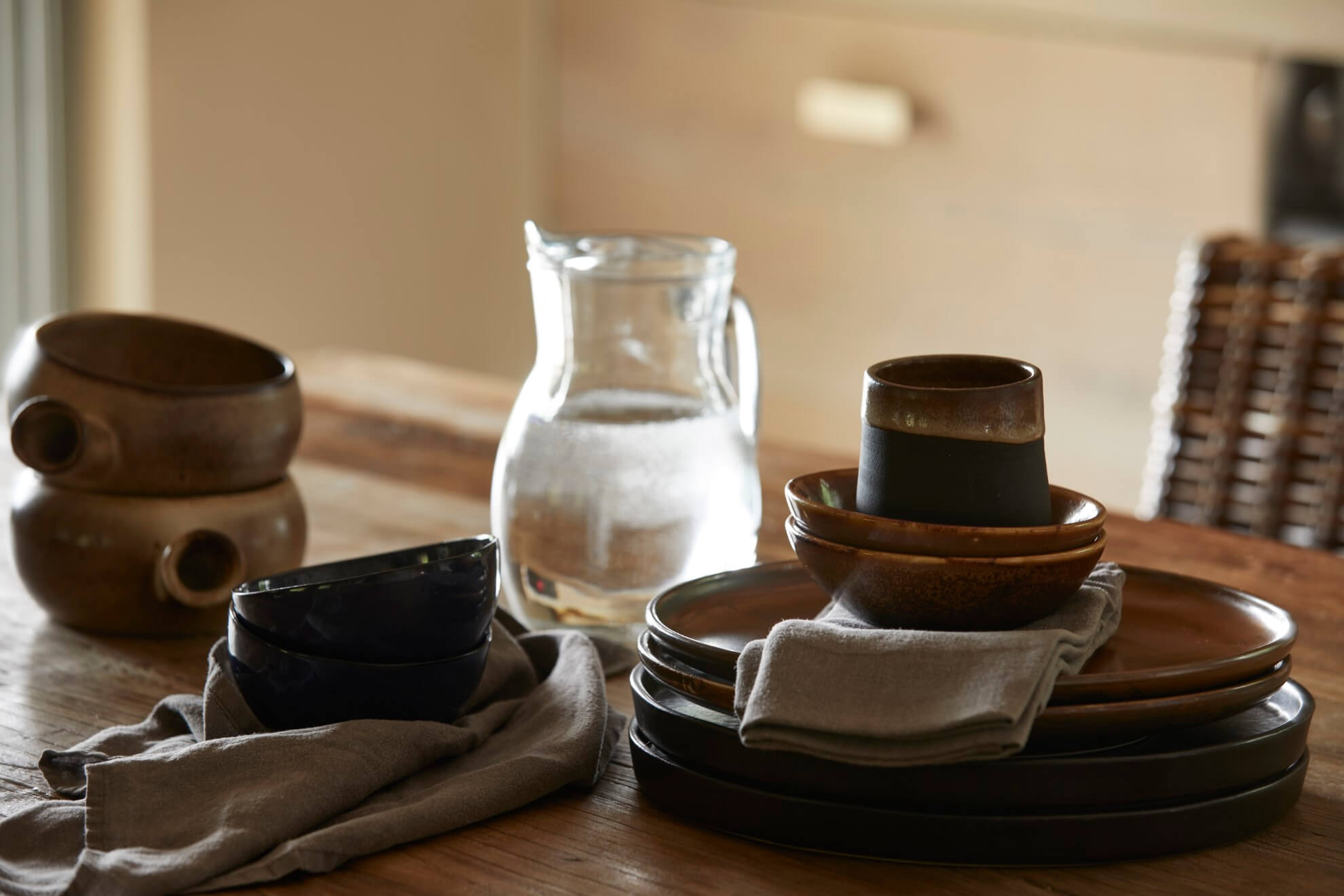 plates and a bottle of water on a table